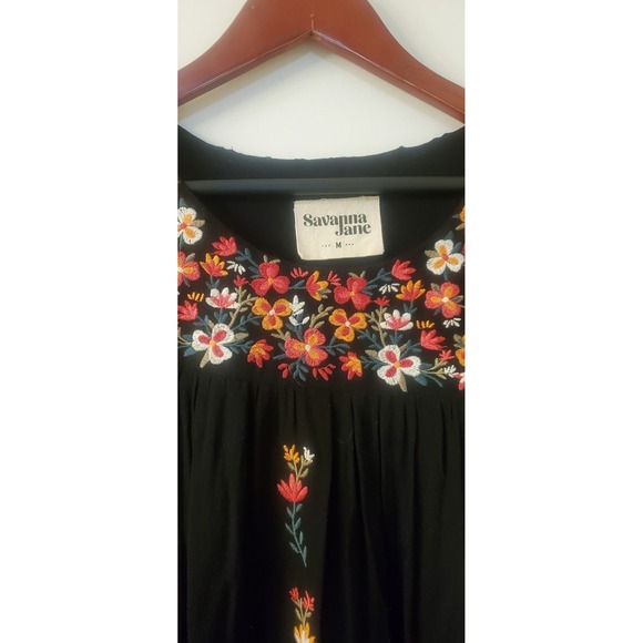 Savanna Jane Blouse M Embroidered Floral Black/Rust/Ivory/Orange Cap Sleeves - Picture 6 of 8